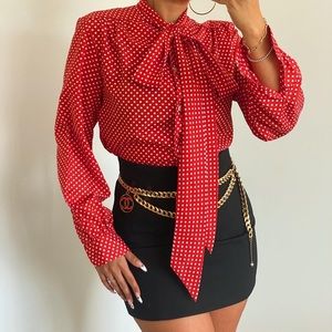Vintage Polka Dot Pussy Bow Button Down Blouse